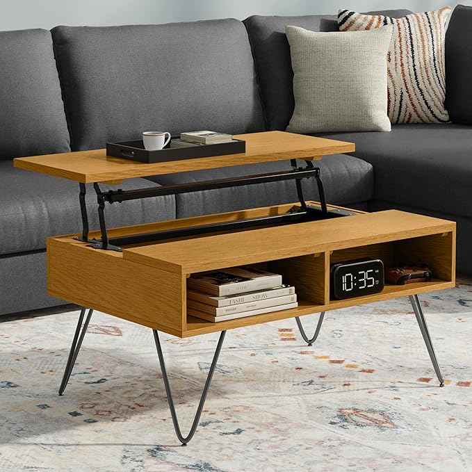 SIMPLIHOME Hunter Small Lift Top Coffee Table - 36 inch Wide Oak Veneer and Metal Industrial Cocktail Table in Oak, Living Room Table with Hidden Storage, 2 Cubbies, and Hairpin Legs