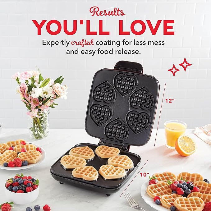 Dash Multi Mini Heart Waffle Maker - Waffle Maker for Family Breakfasts - Dual Nonstick Heating Plates & Easy-Release Surface - Compact & Fast-Heating - Red Heart