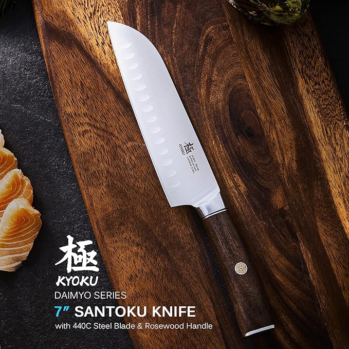 KYOKU 7 Inch Santoku Knife - Daimyo Series - Asian Knife Japanese Chef Knife with Ergonomic Rosewood Handle, & Mosaic Pin - Japanese Style 440C Stainless Steel Kitchen Knife with Sheath & Case