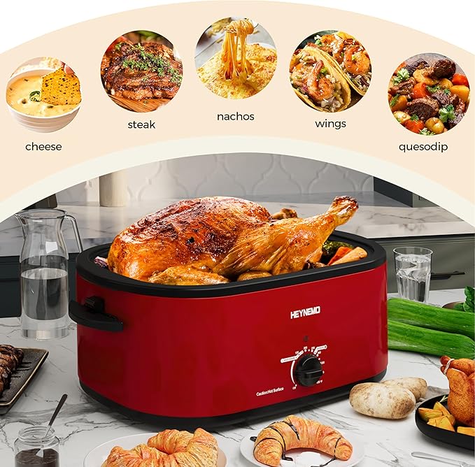 26 Quart Electric Roaster Oven with Visible & Self-Basting Lid, Large Turkey Roaster with Defrost Warm Function, Adjustable Temperature, Removable Pan Rack, Stainless Steel, Red
