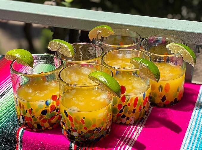 Dos Sueños Hand Blown Mexican Drinking Glasses – Set of 6 Confetti Carmen Tumbler Glasses (10 oz each)