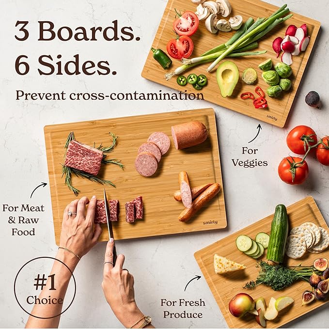 SMIRLY Bamboo Wooden Cutting Boards for Kitchen, Set of 3 Large - Small, Bamboo Wood Cutting Board Set with Deep Juice Grooves, Non Toxic Serving Tray, Perfect Mother's Day Gifts