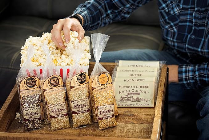 Amish Country Popcorn | Variety Sampler Pack | 4-4 oz Bags, 4-1 lb Bags and 5 Microwave Bags | Baby White, Medium White, Ladyfinger and Purple Popcorn Kernels and 5 Flavored Microwave Bags