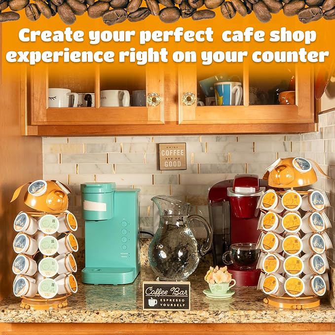 Made Easy Kit Carousel Coffee Pod Holder - Compatible with Keurig K-Pods K-Cups - Countertop 360 Spin Rack Storage Organizer - Revolving Base - Capsule Café Station Bar (Dog Brown, Small)