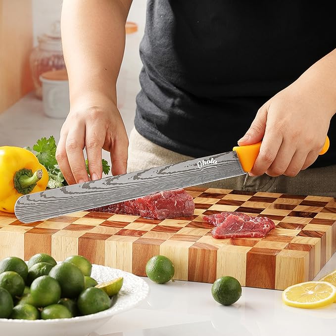 2PCS Brisket Knife, OHOLA 12 inch & 10 inch Carving Meat knife, Premium Stainless Steel Slicing Knife with Plastic Handle, Great for Smoked Brisket, BBQ Meat, Turkey (Orange+Yellow)