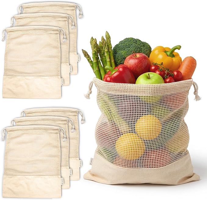 LEAFICO Reusable Produce Bags – 100% Cotton Mesh & Solid Hybrid (Small 8x10 inch 6 Pcs) – Cloth Grocery Bags for Garlic, Nuts, Onions, Bulk Snacks – Washable, Plastic-Free, Breathable, Zero Waste