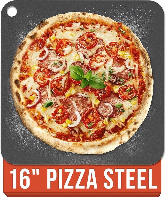 Chef Pomodoro Pizza Steel for Oven 16 Inch 1/4 Inch Thick, Baking Steel for Oven, Grill, Sourdough Bread, Baking Stone for Oven With Lifting H oles 16" X 16" (40.6 x 40.6 cm)