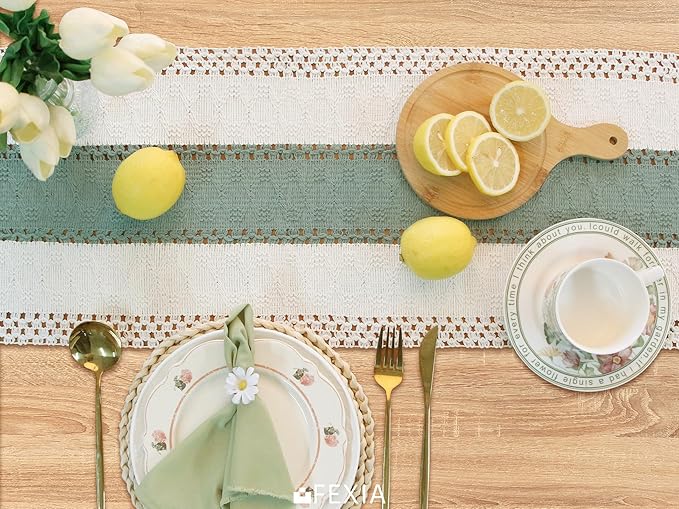 FEXIA Sage Green Table Runner 48 Inches Long with Tassels Boho Macrame Farmhouse Table Runners for Home Decor Party Bohemian Rustic Bridal Shower Dining Decorations (12x48 Inches)
