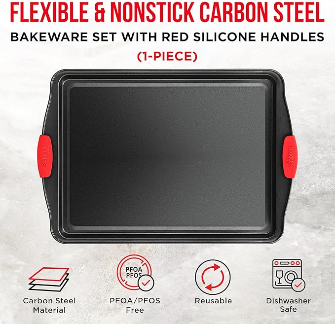 Nonstick Cookie Sheet Pan Carbon Steel Oven Tray Sheet Pan with Red Silicone Handles -large Bakeware Pan Tray with Gray Coating Inside & Outside (Pack of 2)