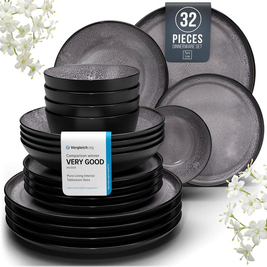 Stoneware dinnerware set 8 persons 32 pcs - Dishwasher, microwave and scratch resistant - Bowl and plate set 8 persons modern - Dinner service Pure Living black in gray…