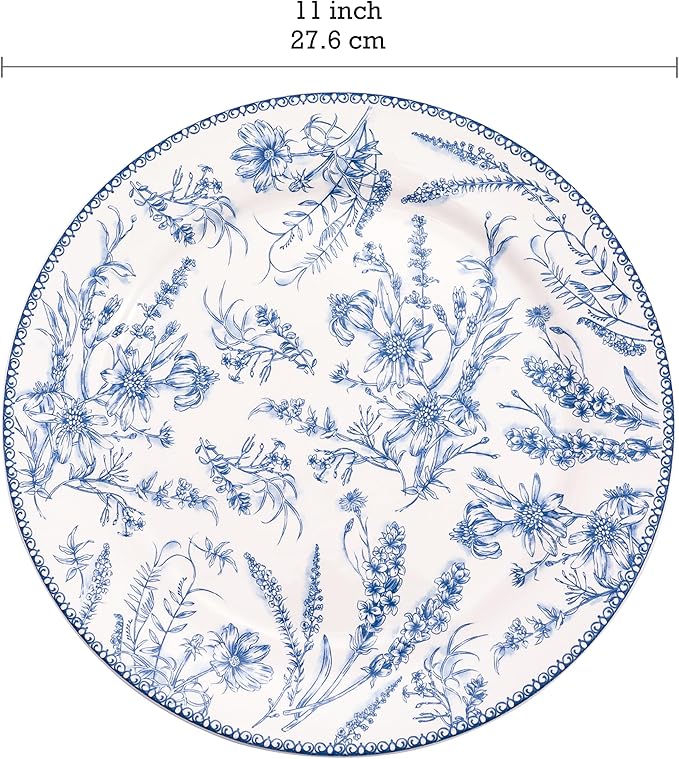Bico Blue Garden Toile De Jouy Dinner Plates Set of 4, 11 Inch Large Ceramic Plates for Pasta, Steak, Stylish Serving Dishes, Microwave and Dishwasher Safe, Gift for Housewarming and Thanksgiving