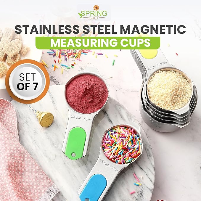Spring Chef Stainless Steel Magnetic Measuring Cups, Set of 7 & Heavy Duty Magnetic Teaspoon & Tablespoon Measuring Spoons, Set of 8 with Leveler - 2 Product Bundle - Neon