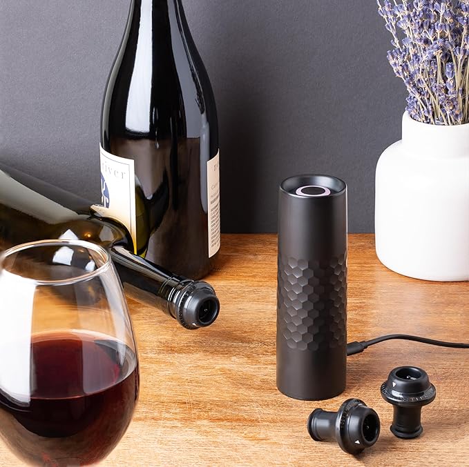 Levare - Rechargeable Wine Saver Vacuum Pump Sealer, Automatic Preserver with USB-C Charger & 4 Universal Bottle Stopper Plugs, Cordless Air Remover to Prolong Freshness, Ideal Gift for Wine Lovers