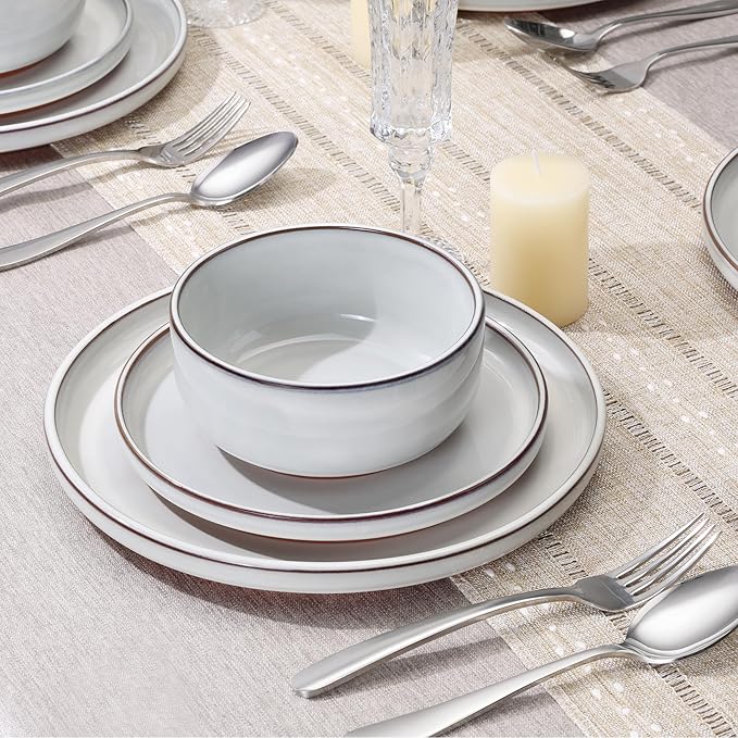 E-far Stoneware Dinnerware Sets for 8, 24 Pieces Reactive Glaze Plates and Bowls Sets, Elegant Dishes with Rustic Terracotta Clay Base, Dishwasher & Microwave Safe, Scratch Resistant, Glacier White