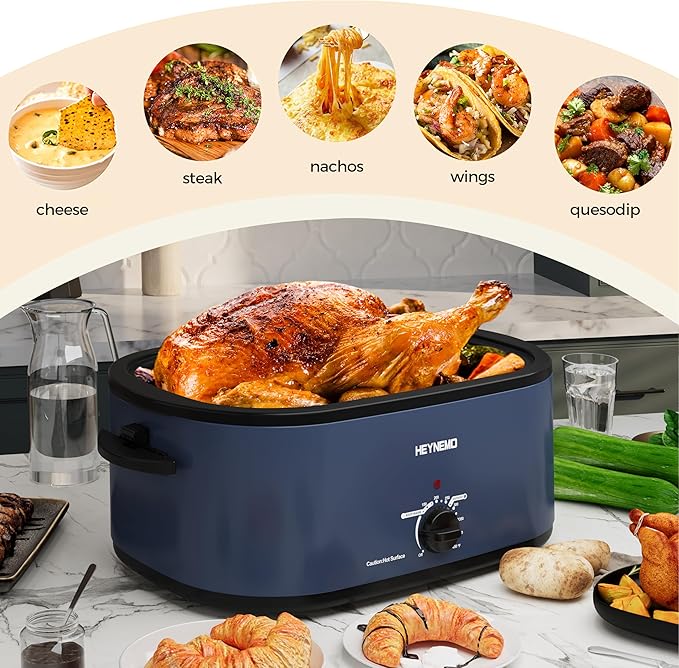 28 Quart Electric Roaster Oven with Visible & Self-Basting Lid, Large Turkey Roaster with Defrost Warm Function, Adjustable Temperature, Removable Pan Rack, Stainless Steel, Blue
