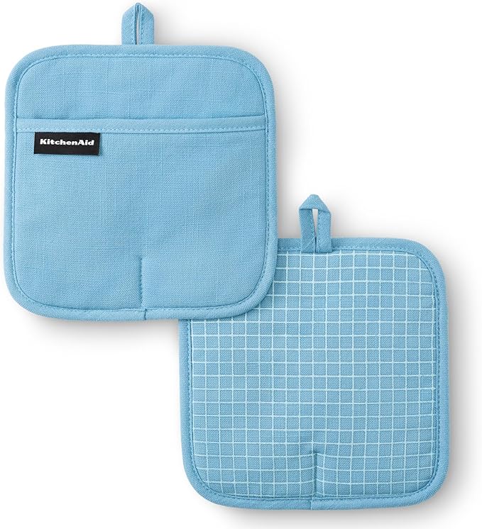 KITCHENAID Gourmet Series Gridlines Pot Holders 2-Pack Set, Heat Resistant up to 600°F, Soft Silicone Grip, Magnetic Cuff, Blue Velvet, 8"x8"