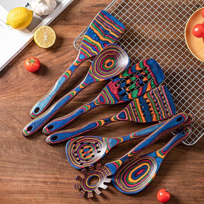 Gudamaye Pakka wood 7-Piece Blue Wooden Cooking Utensils, Wooden Spoons for Cooking, Wooden Spoon Set, Wooden Kitchen Utensil set, Pakkawood Cooking Spoons, Non-Stick Spoon,Pakkawood kitchen utensils