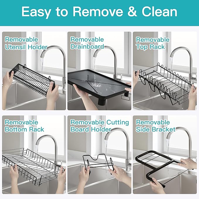 romision 2 Tier Compact Stainless Steel Dish Drainers Drying Rack for Kitchen Counter, Space Saving, Rust Proof Plate Strainers Holder On Countertop with Drainboard, Modern Black, Small