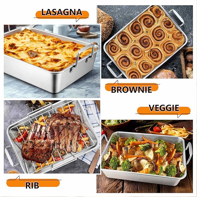 LIANYU 14 Inch Roasting Pan, Turkey Roaster with 2 Racks, Heavy Duty Stainless Steel Deep Broiling Lasagna Pan for Turkey, Chicken, Dishwasher Safe
