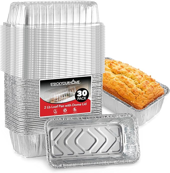 Stock Your Home Disposable Aluminum Loaf Pans with Lids, 2 Lb (30 Pack) Foil Baking Tins with Plastic Lid, Tin Pan with Cover for Cake, Banana Bread, Meatloaf, Mini Lasagna, Drip Trays