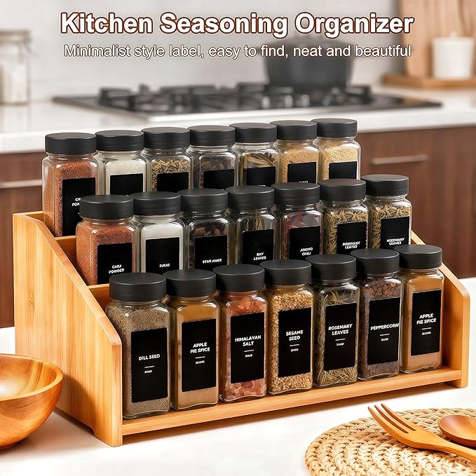 36Pcs Spice Jars Containers with Labels，4oz Black Seasoning Bottles with Shaker Lids for Rack, Cabinet, Drawer,Empty Square Condiment Pots (36, Black)