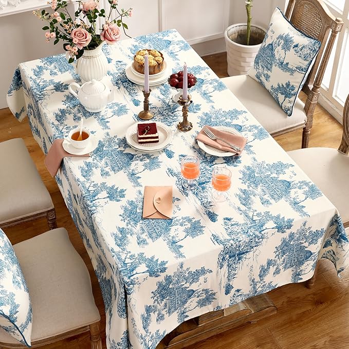 patdrea Designer Vintage Cyan Extra Long Tablecloth for Rectangle Table,Linen Ancient Castle and Manor Pattern Tablecloths,Decor for Kitchen Dining Christmas,Thanksgiving,63"x110"-Lucerne a