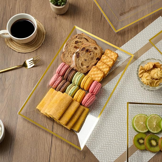 FOCUSLINE 8 PCS Plastic Serving Trays for Party, Clear and Gold Rim Serving Platters and Trays, Premium Plastic Fruit Tray, Disposable Platters for Cupcake, Dessert, Appetizers