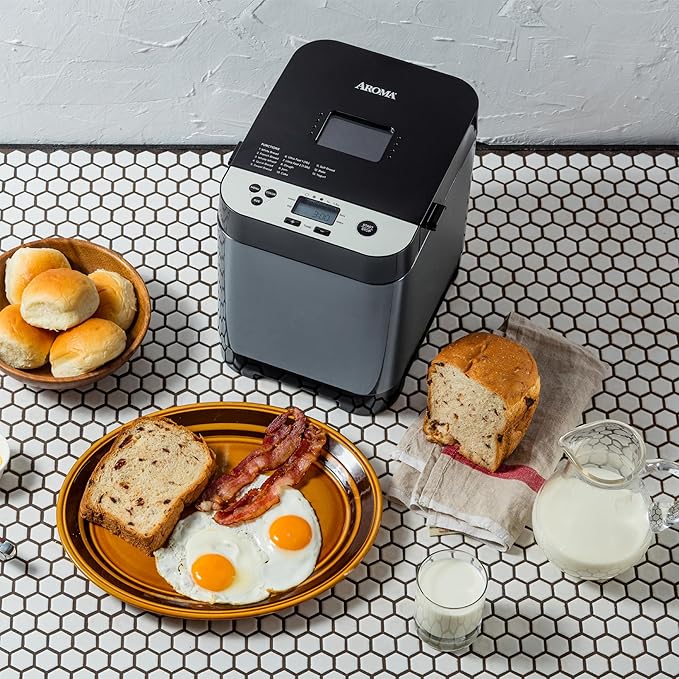 AROMA® 1.5lbs. Digital Bread Maker with Crust Customization, Clear-View Lid, and Nonstick Baking Pan, Black (ABM-250)