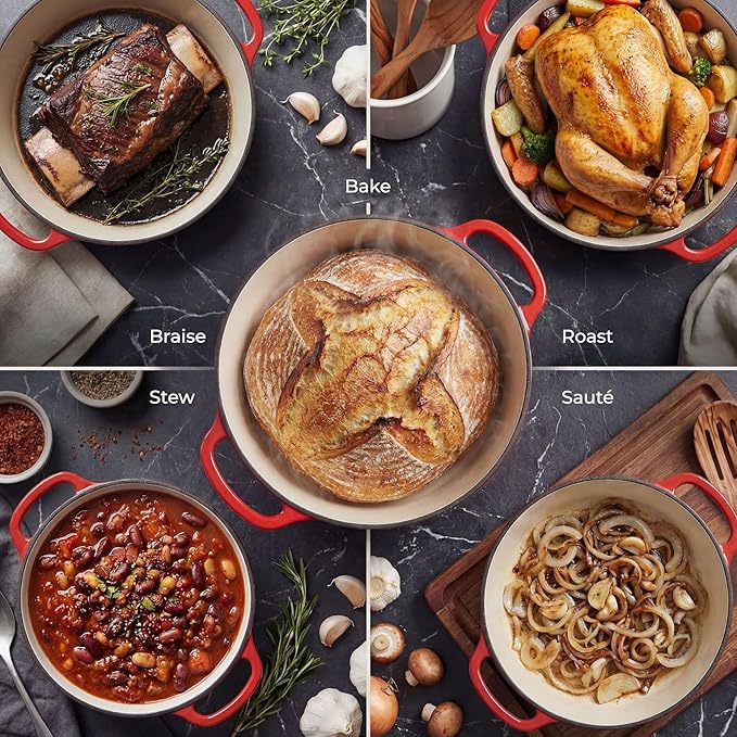 Zulay Kitchen 7.7 Quart Enameled Cast Iron Dutch Oven Pot with Lid – Premium Durability & Oven Safe up to 500°F – Heavy Duty Cookware Perfect for Bread Baking, Stews, Braising & Roasting – Ablaze Red