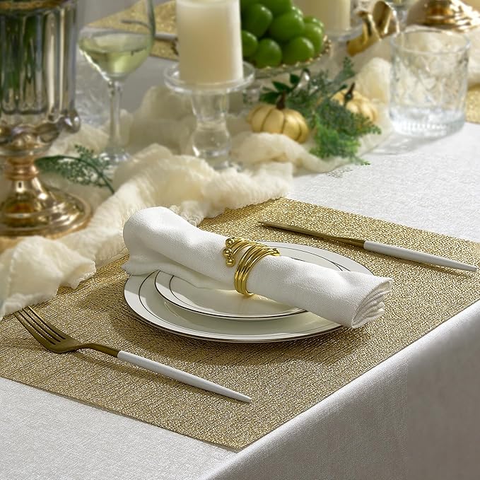 Leetaltree Gold Placemats Set of 4 - Heat Resistant Non-Slip Place mats for Dining Table, Washable Durable PVC Vinyl Woven Table Mats(Luxury Gold, 4)