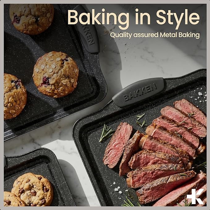 BAKKENMASTER 18-Piece Kitchen Oven Baking Set: Nonstick Gray Marble Coating, Carbon Steel Bakeware, Silicone Handles, Dishwasher Safe, Professional Quality, PFOA-Free