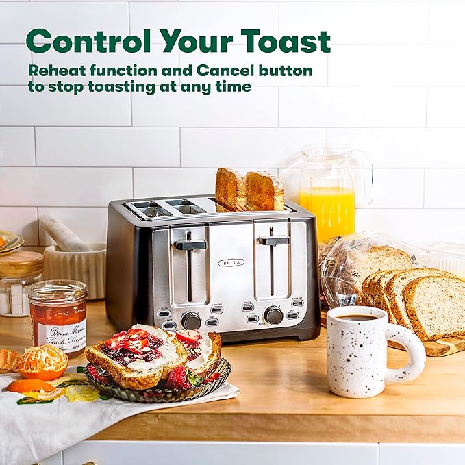 bella 4 Slice Toaster with Auto Shut Off,Extra Wide Slots & Removable Crumb Tray and Cancel,Defrost & Reheat Function,Toast Bread-& Bagel,Black,(Pack of 2)