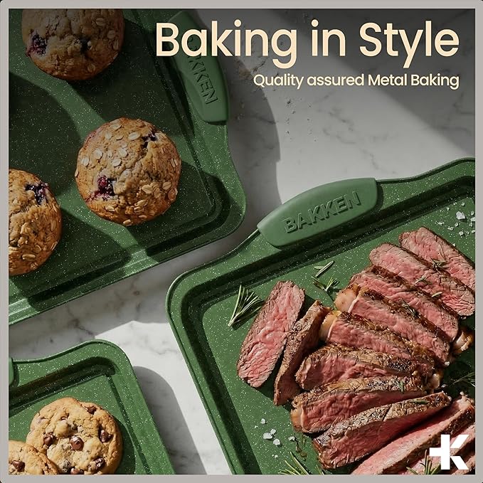 BAKKEN Kitchen Baking Pan Set - Nonstick Green Marble Coating, Carbon Steel Bakeware Sets with Green Silicone Handles, Kitchen Essentials, PFOA, PFOS, PTFE Free, Oven Safe (Up To 450° F), Set of 10