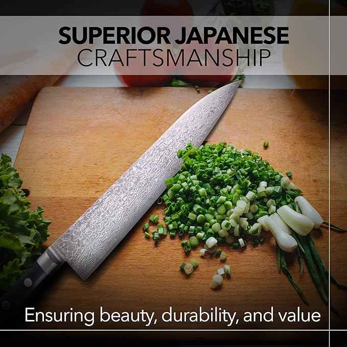 Kagayaki Japanese Chef’s Knife, KGRP-3 Professional Gyuto Knife, Polished Patterned Damascus Stainless Steel with Ergonomic Black Pakka Wood Handle, 8.2 inch