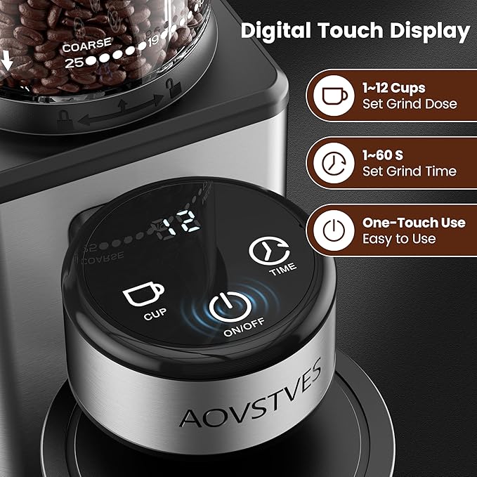 Conical Burr Coffee Grinder for Home,25 Precise Grind Settings,60-Second Timer,Easy to Clean Stainless Steel Burrs,Anti-Static & Anti-Slip Base