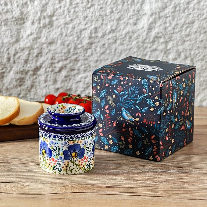 French Butter Crock with Lid for Countertop,Handpainted Floral Butter Keeper with Water Seal Line, Farmhouse Ceramic Butter Container Airtight for Soft Spreadable Butter,Housewarming Gifts