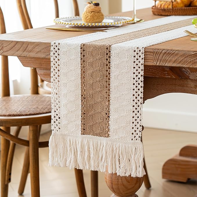 FEXIA Boho Table Runner for Spring Home Decor with Tassels 72 Inches Long Farmhouse Rustic Table Runner Macrame Burlap Table Decoration for Kitchen Living Room Bridal Shower(12x72 Inches)
