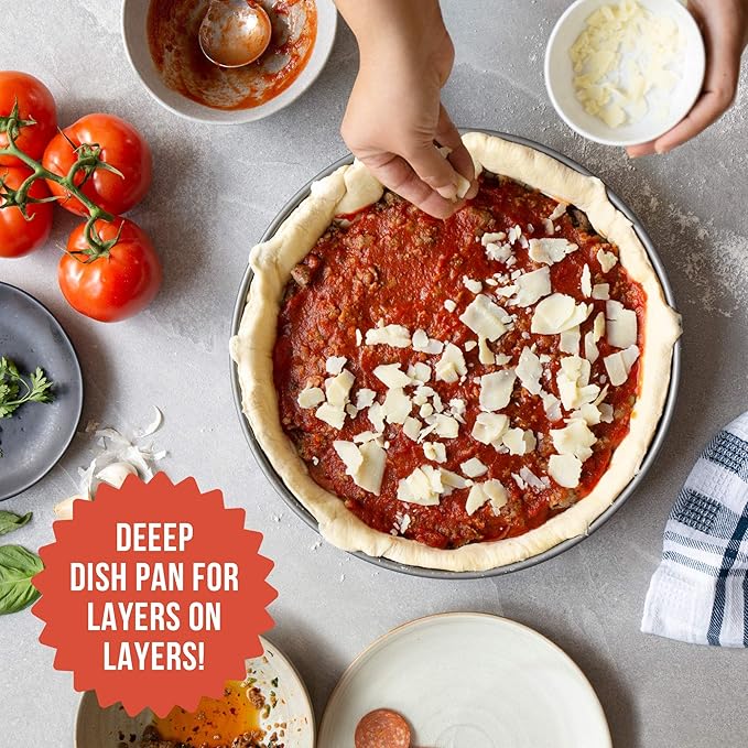 Chef Pomodoro Chicago Deep Dish Pizza Pan 12 Inch, Hard Anodized Aluminum Pizza Pan for Oven, Pre-Seasoned Bakeware Kitchenware, Non-Stick Round Pizza Pans (12-Inch)