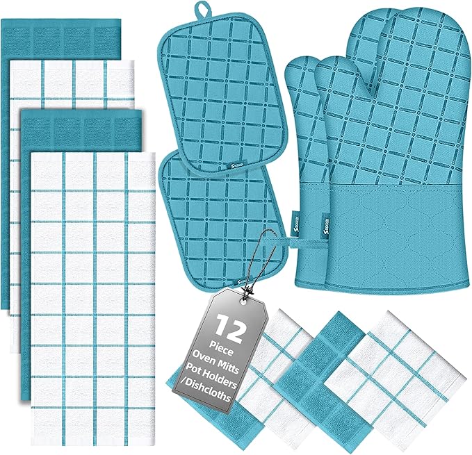 Oven Mitts Kitchen Towels and Dishcloths Pot Holders Sets, Oven Gloves Kitchen Dish Towels 500 Degree Heat Resistant Potholders with Non-Slip Silicone Surface for Cooking, Grilling, Baking-Blue