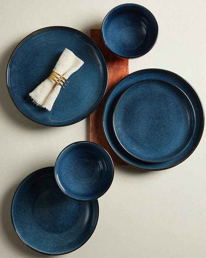 Stoneware Dinnerware Sets Service for 4, 12 pcs Reactive Glaze Plates and Bowls Sets, Handmade Ceramic Dish Set, Highly Chip and Crack Resistant Modern Plate Set, Starry Blue