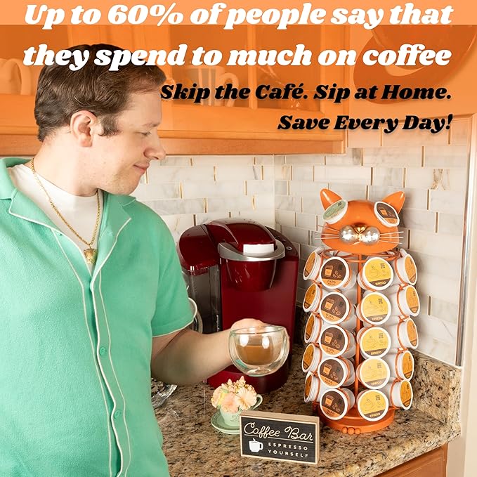 Made Easy Kit Carousel Coffee Pod Holder - Compatible with Keurig K-Pods K-Cups - Countertop 360 Spin Rack Storage Organizer - Revolving Base - Capsule Café Station Bar (Cat Orange, Small)