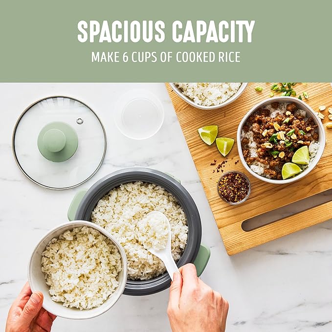 GreenLife Rice Cooker with Removable PFAS-Free Ceramic Nonstick Pot, 3-Cups Uncooked/6-Cups Cooked, Grains & Oatmeal Multicooker, Compact One-Switch Design, Auto Keep Warm, Easy Clean, Sage Green