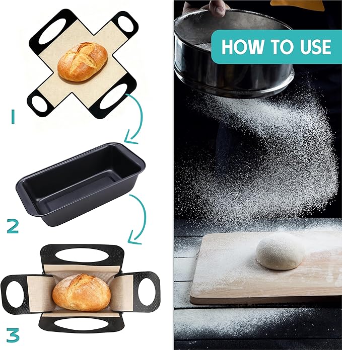 9 x 5 Loaf Pan Set with Silicone Bread Sling – 2 Bread Pans + 2 Nonstick Loaf Liners for Homemade Baking, Sourdough, Banana Bread, Sandwich Loaves – Rectangular Baking Tray for Kitchen Home Baker