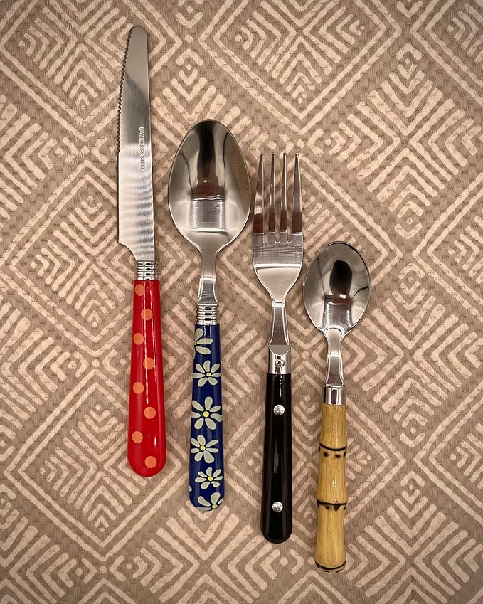 The Original Brink House Eclectic Collection Mix & Match Stainless Steel Cutlery Set with Multicolored Handles / 16 pieces with Metal Stand/Lifestyle utensils for home, apartment, dorm, outdoor