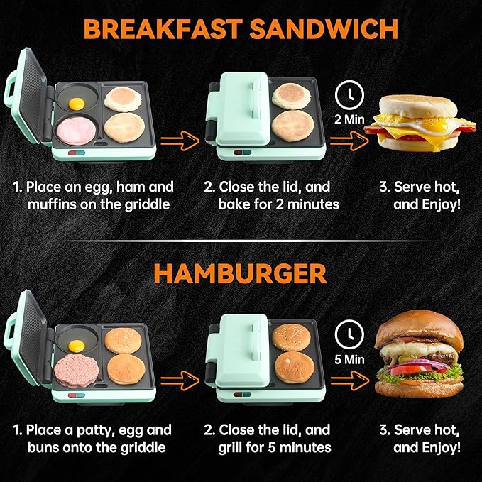 Baker's Friend Breakfast Sandwich Maker, Nonstick Electric Griddle & Grill Combo, 3 in 1 Breakfast Station, Make Egg Muffin Sandwiches Burgers Hot dogs & Pancakes, Includes Burger Press, Tong & Brush
