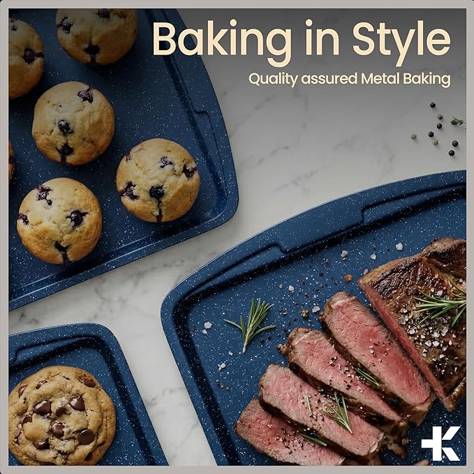 BAKKEN Kitchen Baking Pan Set - Nonstick Coating, Commercial Grade Carbon Steel Bakeware Sets, Baking Kitchen Essentials, PFOA, PFOS, PTFE Free, Oven Safe Tray (Up To 450° F), Set of 3, Blue Marble