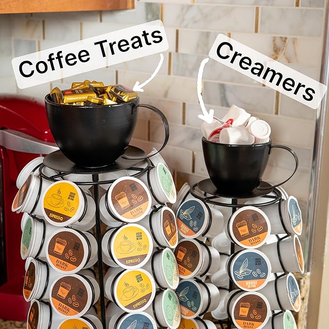 Made Easy Kit Carousel Coffee Pod Organizer - Compatible with Keurig K-Pods K-Cups - Countertop 360 Spin Rack Storage - Lazy Susan Revolving Base Metal (Black Coffee Mug, Small (24 Pods))