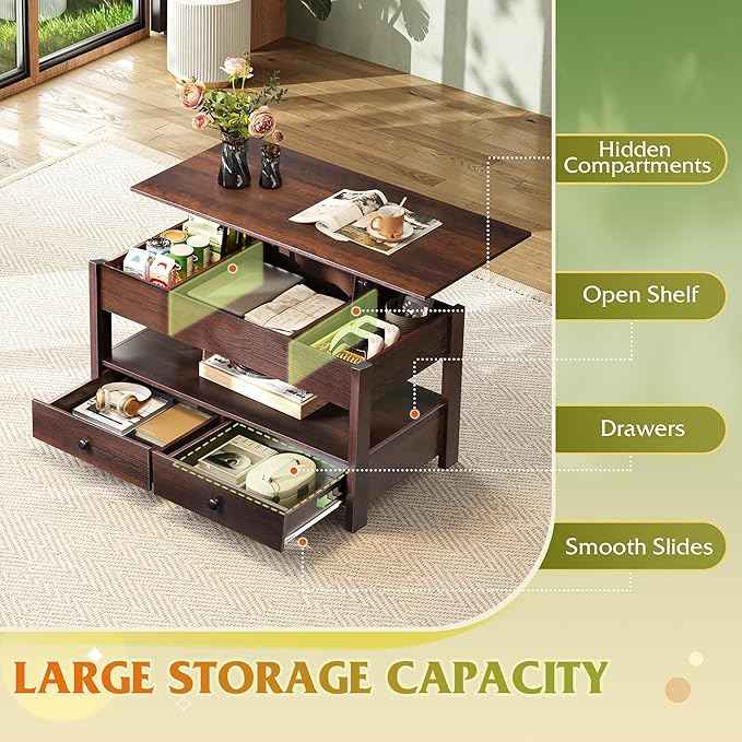 WLIVE Coffee Table, Lift Top Coffee Table with 2 Drawers, Large Hidden Compartment and Open Storage Shelf, Lift Tabletop, Dining Table for Living Room, Espresso