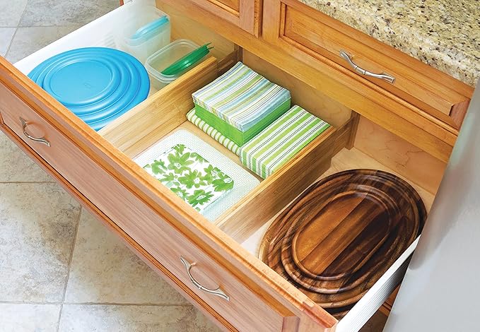 Lipper International Bamboo Wood Custom Fit Adjustable Dresser and Kitchen Drawer Dividers, 18 1/8" to 22" Deep x 5" Tall, Set of 12