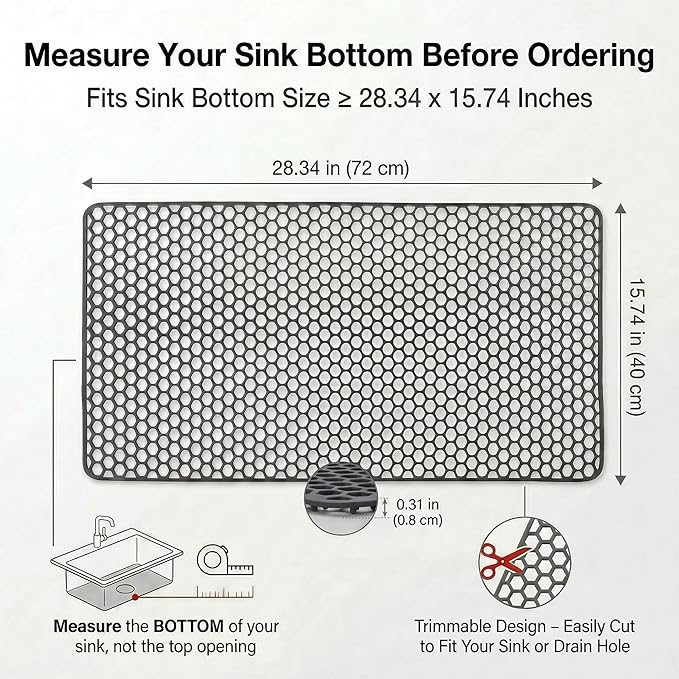 Sink Protectors for Kitchen Sink - 28.34" x 15.74" Silicone Sink Mat - Can DIY Drain Holes - Non-slip Heat Resistant Liner for Bottom of Farmhouse Porcelain Stainless Steel（Grey）